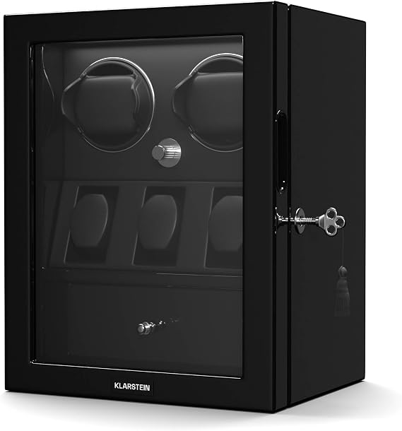 KLARSTEIN ChronoVault Watch Winder for 5 Watches – Automatic Watch Winder Box with Silent Japanese Motor, Vegan Leather, 4 Rotation Modes, LED Lighting & Jewellery Drawer