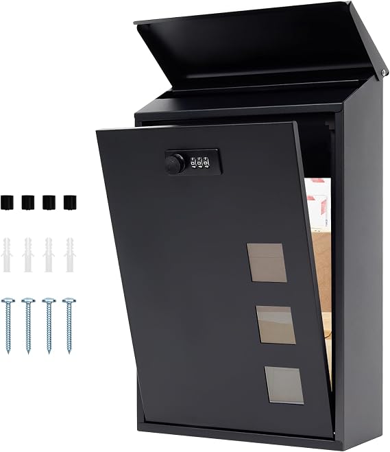 Post Box Wall Mounted, Steel Mail Box with Combination Lock - Weather-Resistant, 3 Viewing Windows, Rain Cover, Lockable for Outside, Black 40 x 25 x 10 cm