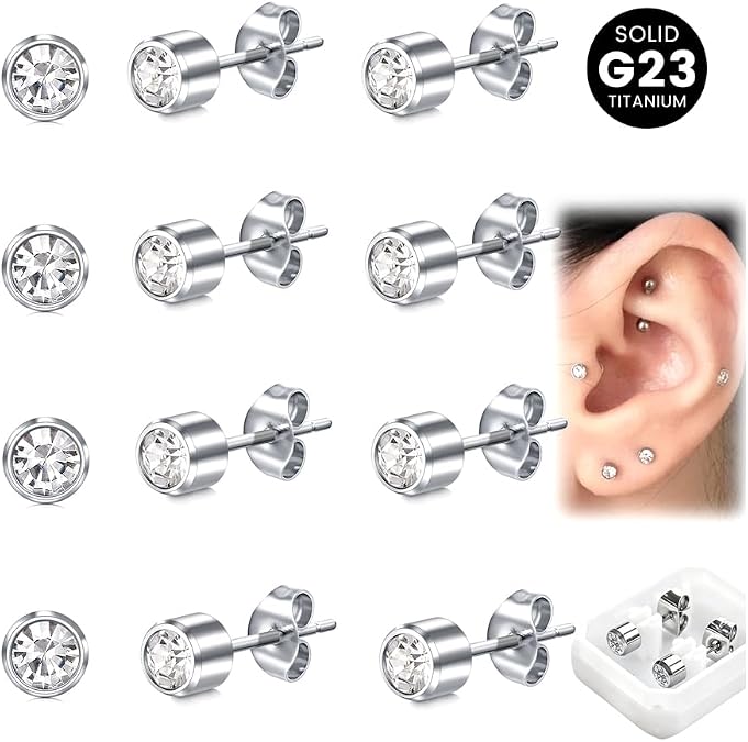 WillTen 4 Pairs G23 Titanium Stud Earrings Set 4mm Clear Colorful CZ Studs Individually Boxed Implant Grade Titanium Earrings, Classic Minimalist Unisex Ear Stack for Sensitive Ears Women Mother Gift