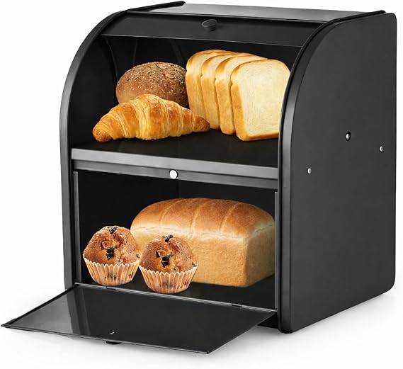 2-Layer Bread Bin, Large Bread Bins for Kitchen, Black