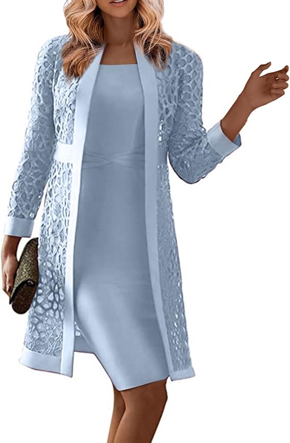 FUPODD Evening Dresses for Wedding Knee-Length with Jacket 2-Piece Mother of the Bride Dresses Women Elegant for Wedding Guest Long Two Piece Festive Women's Outfit Including Dress Sleeveless and Coat Long Sleeve Cut Out