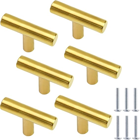 6 Pack Gold Cupboard Knobs 50mm T Bar Handles