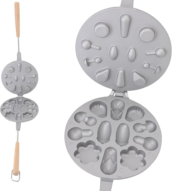Walnut Cookie Mold Maker, 12 Holes Aluminum Alloy Non Stick Cookie Presses Biscuit Maker with Wooden Handle for Baking (Silver)