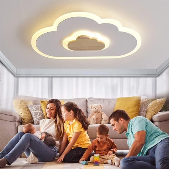 AOEH LED Cloud Lamp Dimmable Kindergarten Ceiling Light with Remote Control, White 26W Wood Children's Ceiling Light for Kids Room, Girls & Boy Bedroom, Nursery, 50cm [Energy Class A]