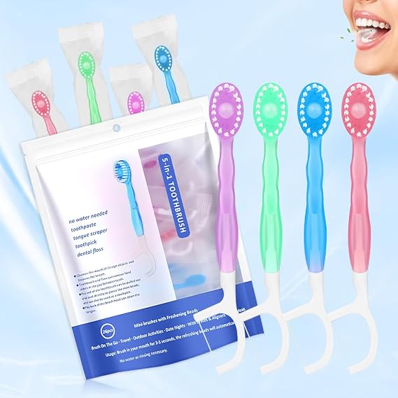 26PCS Disposable Toothbrush with Toothpaste, 5 in 1 Travel Toothbrush Set with Paste Tongue Scraper Toothpick DentalFloss, Travel Toothbrush and Floss for Work, Trip, Traveling, Camping
