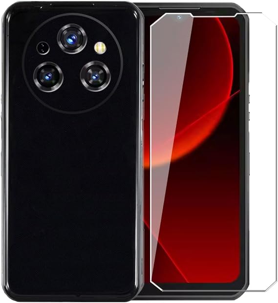ケース Oukitel WP55 Pro用 + ガラススクリーンプロテクター 強化フィルム - 透明シリコン ソフト フレキシブル バンパー 耐衝撃 TPU 保護カバーシェル ブラック