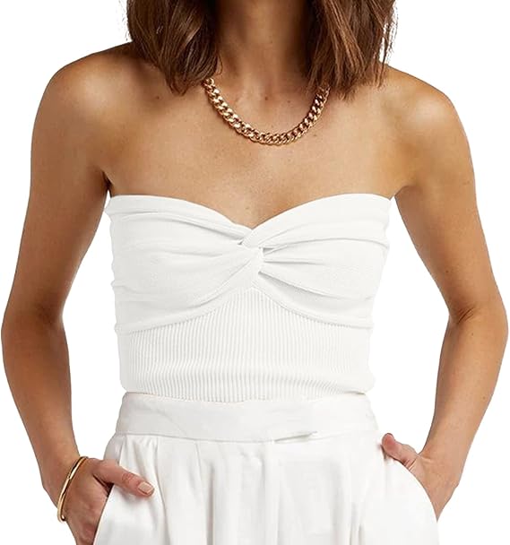 Womens Strapless Crop Top Sexy Sweetheart Neck Ribbed Knit Twisted Knot Front Sleeveless Y2K CamisoleTanks Top