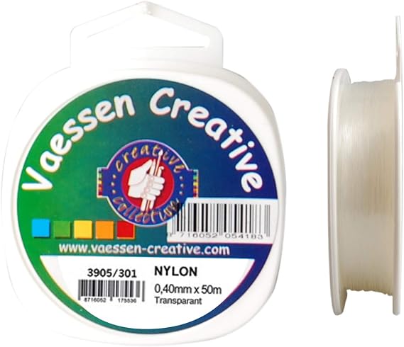 Vaessen Creative Transparent 0.4mm x 50m Spool Tear-Resistant Cord String Nylon Thread Fishing Line for Crafting, Sewing, Beading and Hanging Decorations