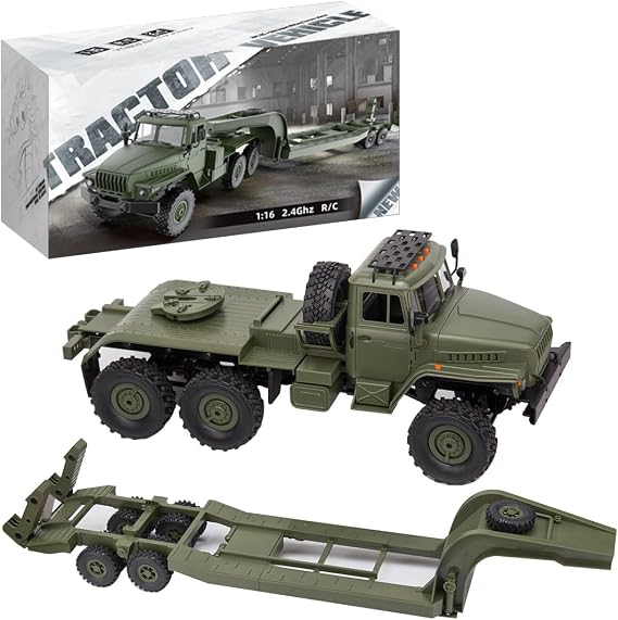 RC Trailer Model, WPL B36-3 2.4G 1/16 Scale Full-Proportional RC Military Trailer, Gift for Adults&Teens(Two Batteries/Army Green)