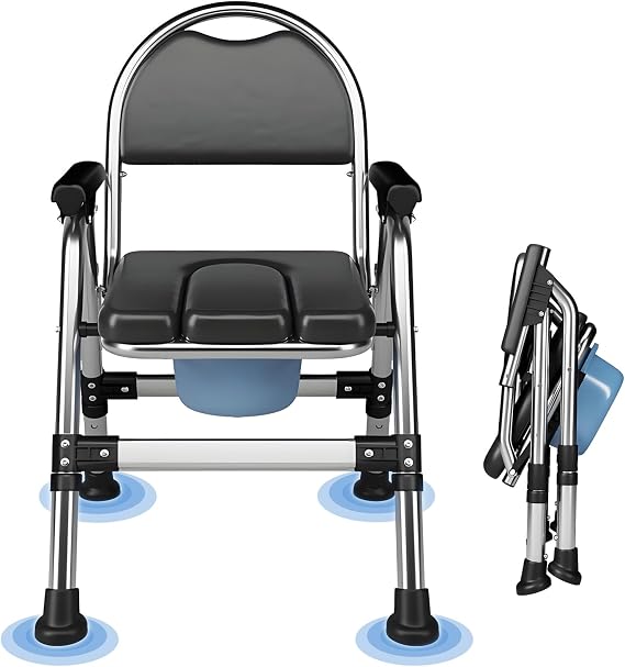Commode Toilet Chair, Adjustable Folding Portable Bedside Commode with Padded Seat, Removable Toilet Bucket Anti Slip Base, Heavy Duty Steel Frame Holds Up to 200kg, Suitable for Seniors and Disabled
