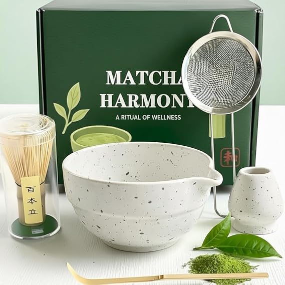Matcha Whisk Set, Ceramic Matcha Kit Set Includes Bowl with Spout, Matcha Whisk, Holder, Bamboo Scoop and Sifter, 5 pcs Matcha Tea Kit for Matcha Beginner and Lovers, Gift Christmas, Birthday