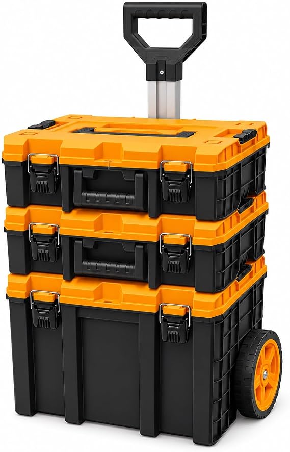Super-Bag S-S-L Master Case 3'lü Modüler Tekerlekli Takım Çantası Seti, Organizerli Alet Taşıma ve Depolama Sistemi, Çekçek Kollu, Büyük Hacimli, Elektrikçi Tesisatçı Servis İçin- SARI