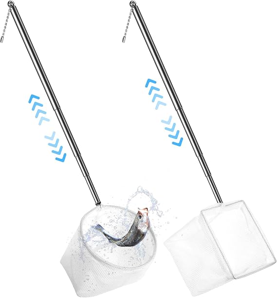 Nogeqi 2 Pcs Fish Net Aquarium, Fish Net for Fish Tank, Aquarium Net with Extendable Long Handle, Fine Mesh Small Fish Nets for Shrimp & Bettas Aquarium Accessories (Square and Round)