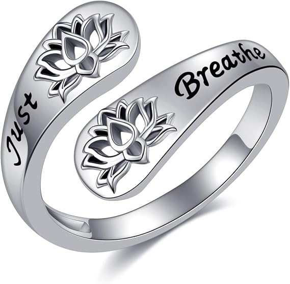 DAYLINLOVE Just Breathe Ring S925 Sterling Silver Adjustable Lotus Ring Spiral Wrap Healing Rings Inspirational Jewelry for Women Mom Wife