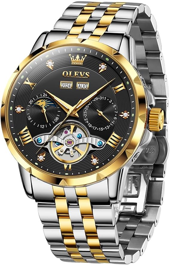 OLEVS Men Automatic Watch Skeleton Mechanical Classic Luxury Business Diamond Stainless Steel Waterproof Luminous Date Calendar Wrist Watches for Men