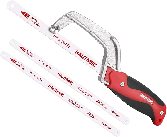 HAUTMEC Compact Hacksaw, 250mm Junior Hacksaw with Bi-Metal HSS Blade, Lightweight Aluminium Frame, Small Hand Saw for Cutting Metal, Plastic, PVC & Wood, Ideal for Tight Spaces - HT0355