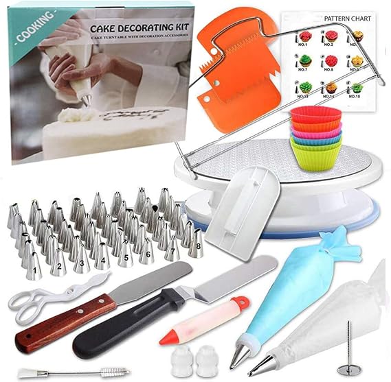 90 Pcs Cake Decorating Supplies kit with Cake Turntable-Cake leveler-48 Piping Tips with Pattern Chart -Straight & Offset Spatula-20 Icings Bags- 3 Icing Smoother Scraper Set for Beginner Cake-Lover