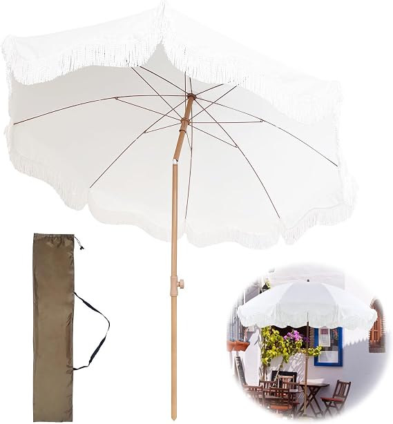 2m Garden Parasol With Tilt Boho Beach Umbrella With Fringe Outdoor Patio Umbrella UV50+ Protection Balcony Umbrella Waterproof Holiday Beach Parasol With Carry Bag Portable Parasol For Deck Pool