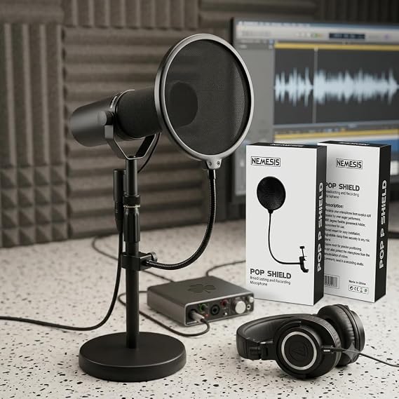 Nemesis Pop Filter Shield Mikrofon Pop Filtresi, 360 Derece Esnek Metal Gövde, Ayarlanabilir Kelepçeli Stüdyo Filtresi