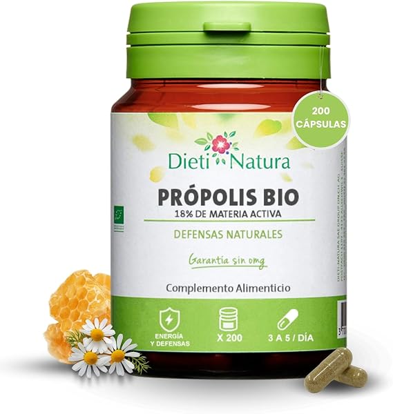 Dieti Natura Propolis BIO 200 Capsules 18% Active Matter - Pure Natural Propolis for Adult Immune Defenses - Antibacterial and Antioxidant Properties - Certified Beehive Product