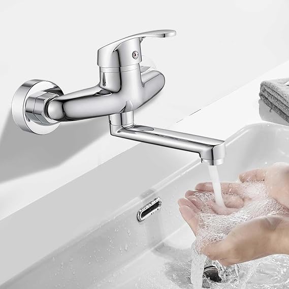 Wall Mounted Kitchen Tap with Swivel Spout 17.5 cm Single Lever Mixer Tap 360 Degree Rotatable Mixer Tap for Bathroom Kitchen