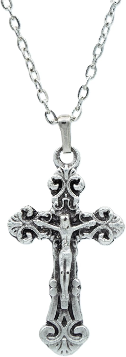 Cross - Hz. Jesus Mens Womens Necklace Antique Silver Plated - 60 cm Flat Chain