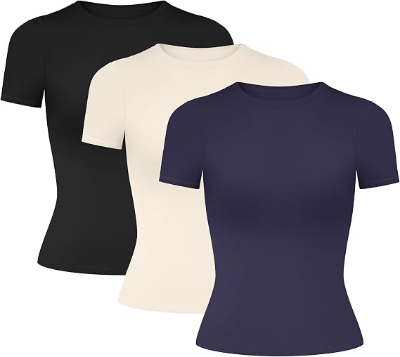 Womens Y2K Basic Short Sleeve T-Shirts 3 Pack - Slim Fit Summer Scoop Neck Crop Tops
