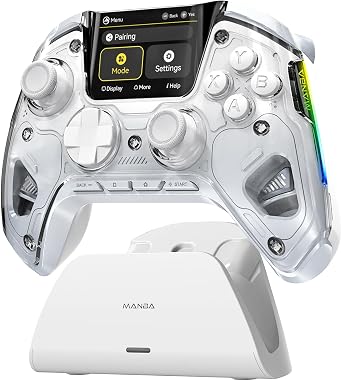 ManbaOne Interactive Screen Wireless Gaming Controller for PC/Switch/Switch 2/iOS/Android,Gamepad with Hall Effect Stick & Trigger,RGB Lighting,Remappable Buttons,1800mAh with Charging Dock White