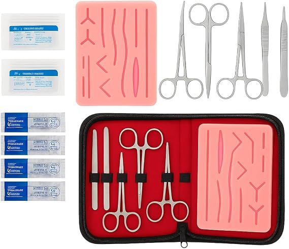 Suture Practice Pad for Medical Students|Reusable Silicone Training Skin with Pre-Cut Wounds Deluxe Suture Kit with Practice Pad, Stainless Steel Instruments |Pre-Cut Sutures Training Pad