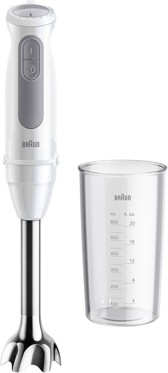 Braun MultiQuick 5 MQ 50001 M, Batidora de Mano con Tecnología PowerBell Plus, Minipimer 21 Velocidades+Turbo, Sistema Easy Click Plus, Batidora Ergonómica, Eje de Acero, Vaso de 600ml, 1000W, Blanco