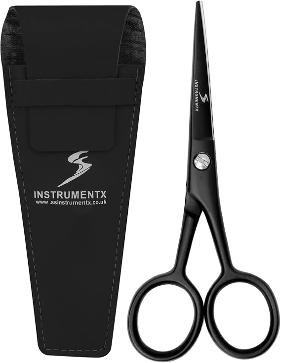 SS INSTRUMENTX Beard and Moustache Scissors Professional Beard Scissors for Ear and Nose Hair, Stainless Steel Hair Trimming Scissor for Eyebrows, Eyelashes and Ear Hair (Black)