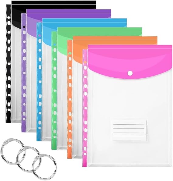 6Pcs Plastic Wallets A4 Punched Poly Pockets,Document Plastic Folders with Button and Label Pocket for School Home Office (6 Colors)