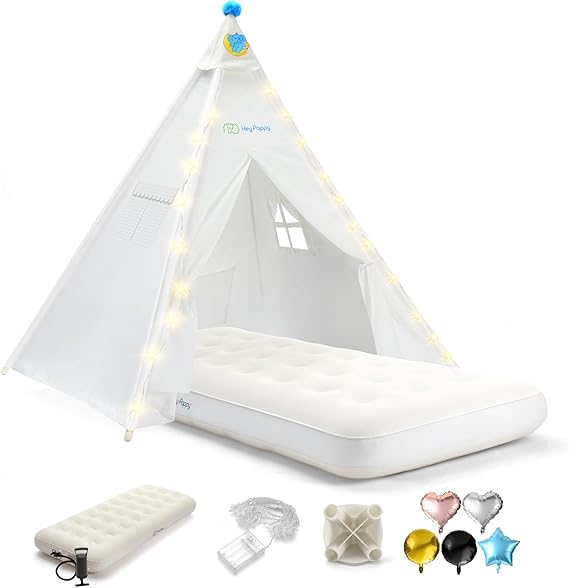 Teepee Tent for Kids with Inflatable Airbed, String Lights, Balloons, Pump, Washable Slumber Party Tent Indoor Outdoor for Girls Boys, Children Tipi Playhouse for Playtime and Sleepover, White