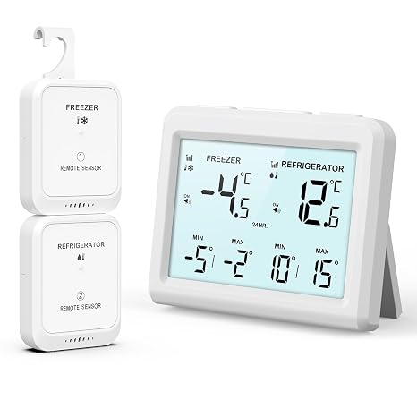 Brifit Fridge Thermometer with 2 Sensors Freezer Thermometer with Alarm Function MIN/MAX Records ℃/℉ Switch Refrigerator Thermometer for Kitchen Home Bars Home Restaurants