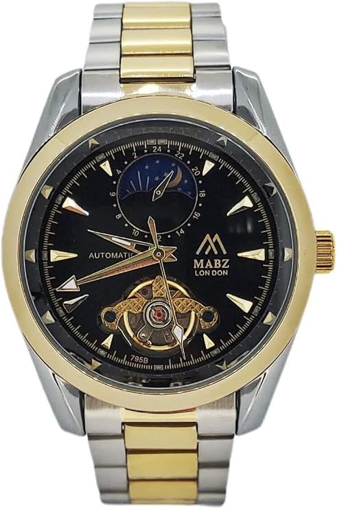 MABZ Automatic Watch for Men Sun and Moon Self Winding Mechanical Tourbillon Watch Water Resistant Luxury Business Stainless Steel Strap Wrist Watch (Black Gold Silver)