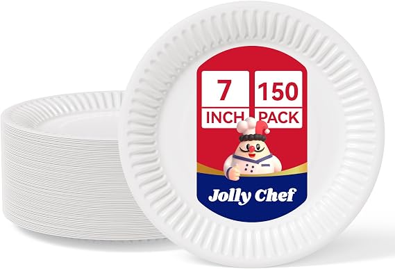 JOLLY CHEF 150 Pack 7 Inch Disposable Paper Plates Heavy Duty White