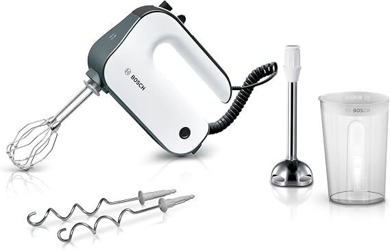 Bosch Styline MFQ49700 Hand Mixer, 5 Levels, 2 Mixing Hooks, Stainless Steel, Spiral Cable, Stainless Steel Mixer Rod, 850 W, White/Dark Silver