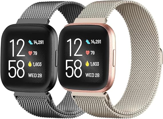 Fitbit Versa 2 ve Versa Bantları ile Uyumlu 2 Adet Bant Kadın Erkek için, Pembe Altın Paslanmaz Çelik Metal Hasır Manyetik Bant Bileklik Kayışı Fitbit Versa/Versa Lite SE için Yedek Parçalar (L-Siyah