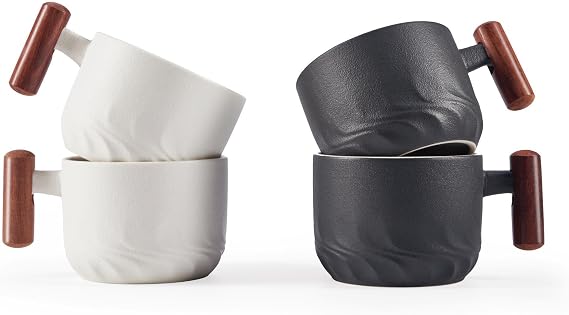 70ml Ceramic Espresso Cups with Wooden Handle, Small Coffee Cups Double Shot Espresso Cups Set of 4,