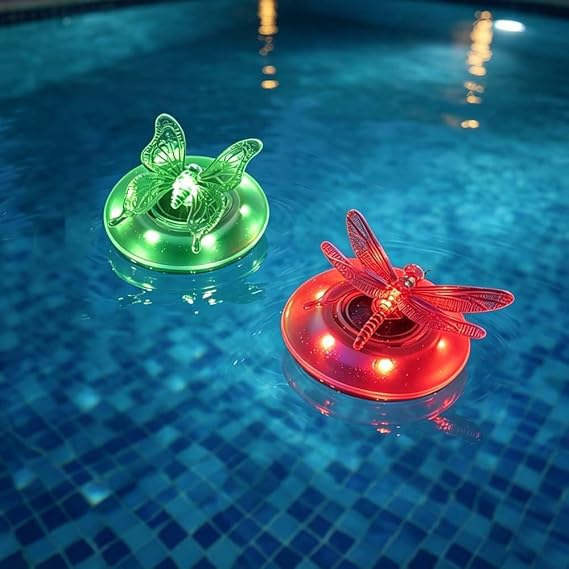 2pcs Solar Pool Lights Floating, Floating Pond Lights Solar Powered, Butterfly & Dragonfly Design, Colour Changing, Waterproof So-lar Powered Glow Lig-hts for Garden Yard [Energy Class A]