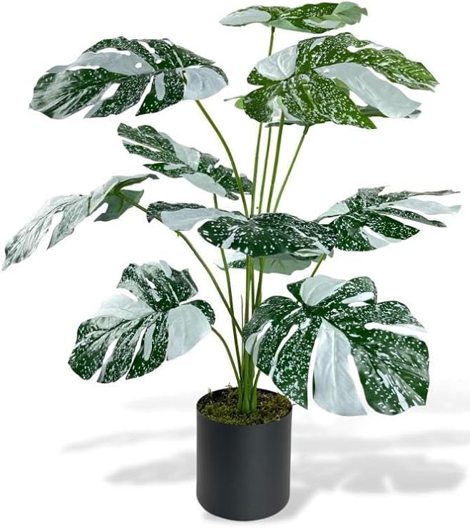 Yapay Çiçek Saksıda Monstera Yeşil Beyaz Deve Tabanı 12Dal 70cm Salon Çiçeği Yapay Bitki