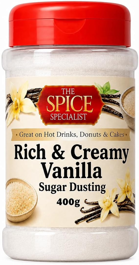 Rich & Creamy Vanilla Sugar Dusting 400g – Hot Drinks Dusting Topper for Coffee, Latte, Cappuccino & Hot Chocolate – Vanilla Flavour Sprinkle for Cakes, Cupcakes, Popcorn, Porridge, Waffles & Baking