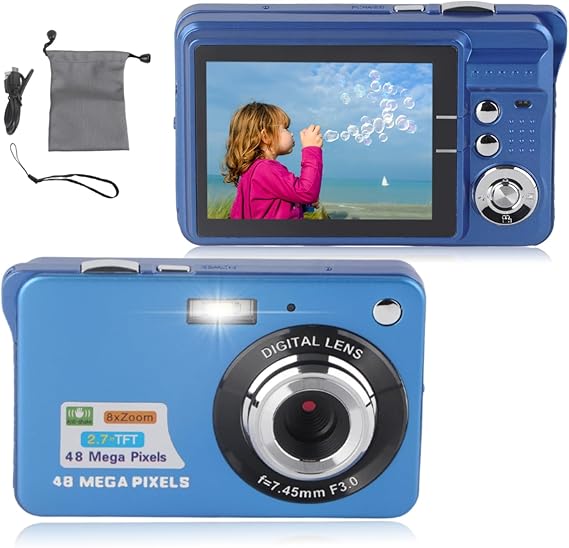 Digital Cameras for Photography 4K 48MP Vlogging Camera Camera with 2.7 Inch LCD Display 8x Zoom Anti Shake Continuous Shooting for Adults Seniors Beginners (Blue)