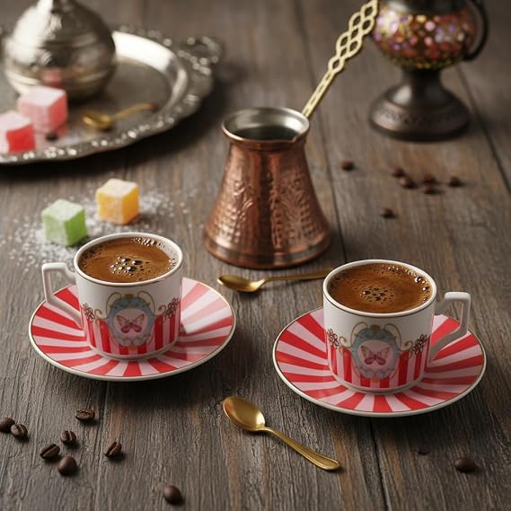 Deconox Özel Kutulu 2'li Porselen Türk Kahvesi Fincan Takımı - Kuş ve Kelebek Desenli Kırmızı/Yeşil Renk Seçenekli Hediyelik Fincan 90 ve 100cc Seçenekli (KIRMIZI, 100CC, KELEBEK)