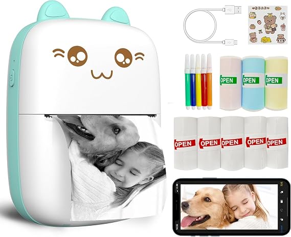 Mini Printer Portable, Inkless Sticker printer with 8 Rolls Paper, Bluetooth Wireless mini thermal printer Compatible with iOS + Android for Journal, Memo, Photo, Print Pod Gifts for Girls Kids