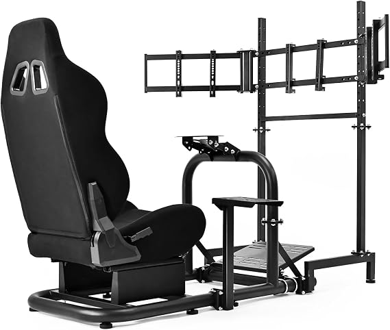 Dardoo Racing Simulator Cockpit Vertical Bracket with Triple Monitor Stand and Black Seat Fit for Logitech G29 G920 G923,for Thrustmaster T300RS,for Fanatec CSL-DD, No Steering Wheel, Pedal or Shifter