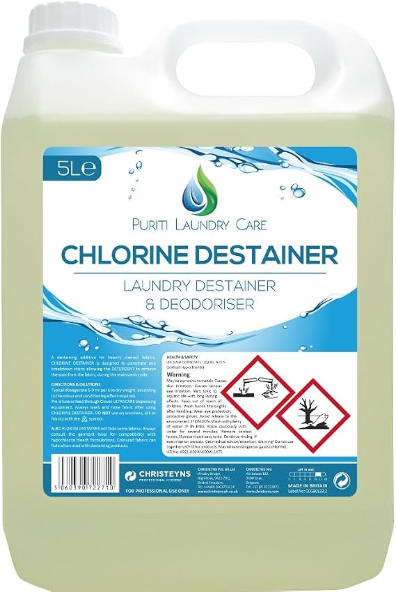 Professional Laundry Destainer and Deodoriser, Chlorine-Based Formula, 5L/20L, Christeyns Clover Puriti (5 Ltr)