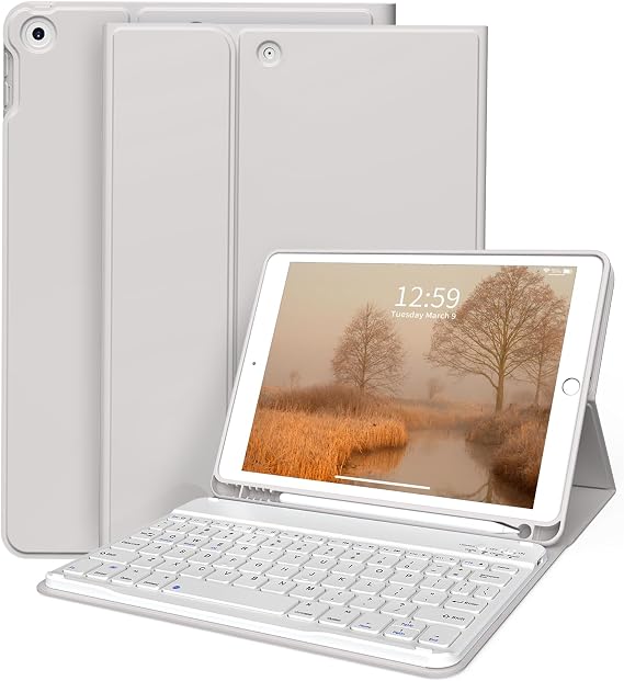 Keyboard Case for iPad 9th/8th/7th Generation 10.2 inch 2021/2020/2019 with Pencil Holder, Stand Folio Detachable Wireless Bluetooth Keyboard Cover, Soft TPU Back Smart Case, Gray