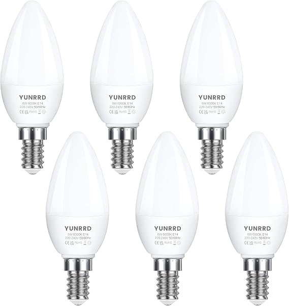 YUNRRD E14 LED Light Bulb,Cool White 6000K,SES Small Screw,Pack of 6 [Energy Class F]