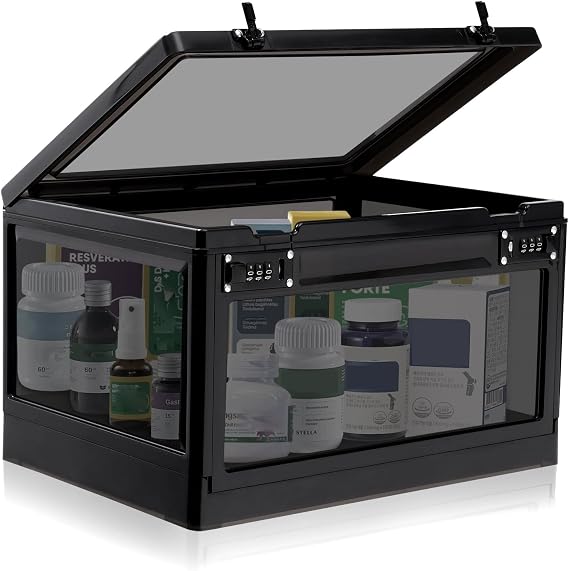 Large Medicine Lock Box with Dual 3-Digit Combination Locks, 24.8L Lockable Storage Box for Medication, Snacks, Phone, and Electronics - BPA-Free Organizer Bin for Home, Office, Fridge, and Safety
